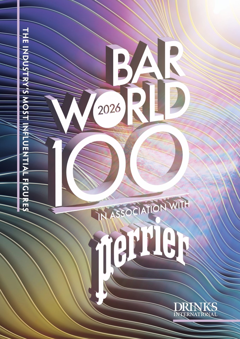 BAR WORLD 100 2026 Grafický dizajn s nápisom „BAR WORLD 100" vo veľkom bielom texte s geometrickými vlnitými líniami vo fialových, ružových a zlatých odtieňoch, logom Perrier a značkou Drinks International v spodnej časti.